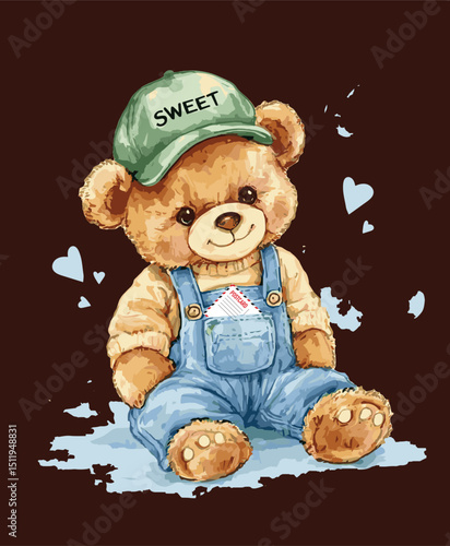 Teddy Bear in Overalls with Postcard - Vector Illustration