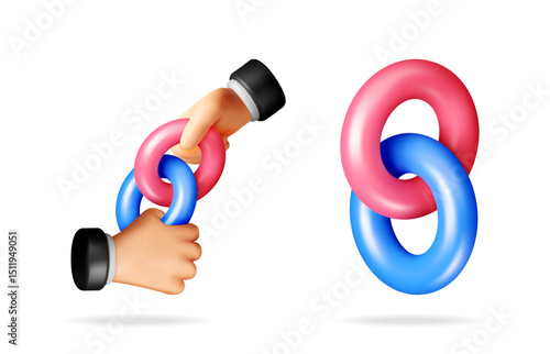 Two hands holding connected pink and blue chain links and two disconnected links. Unity and teamwork business metaphor in 3d vector.