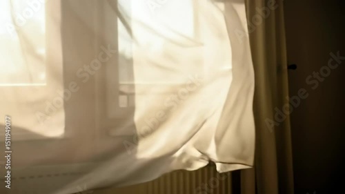 Sheer curtains blowing in sunlight by the window at home  