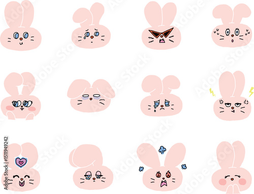 Soft pastel bunny emotion icon set without outlines.
This charming character set features 12 unique feelings from happiness to stress, drawn in a gentle and warm style.