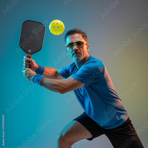  pickleball player captured mid-action, lunging forward with a black carbon fiber paddle in hand
