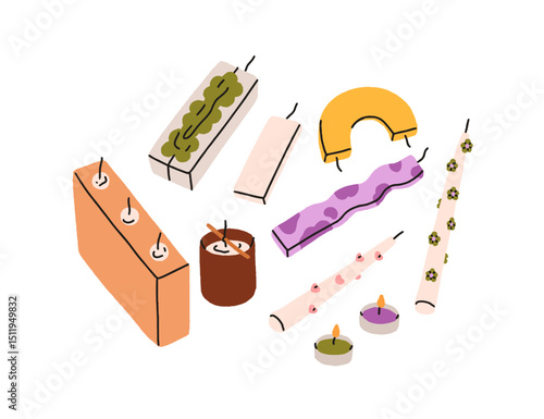 Craft candles, DIY art. Handmade decorated painted wax sticks with drawings, hand-made decor. Creativ handwork, handicraft. Handcraft, craftwork. Flat vector illustration isolated on white background.