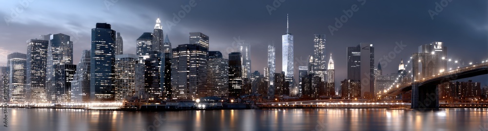 Fototapeta premium Vibrant lights of Brooklyn's skyline shine brightly under a dark purple sky, showcasing the city's iconic skyscrapers at night