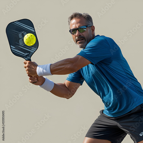  pickleball player captured mid-action, lunging forward with a black carbon fiber paddle in hand