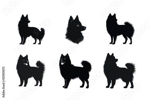 Six black silhouettes of pomeranian dogs