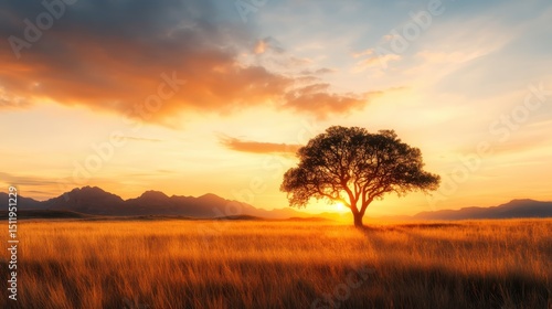 A solitary tree stands tall against a breathtaking sunset, illuminating the beauty of nature and capturing the tranquility and peacefulness of the moment.