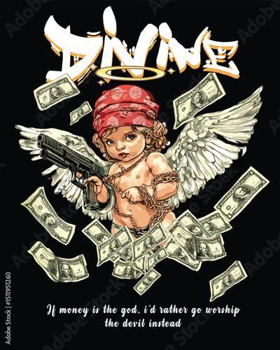 Gangster Angel Vector Illustration with Money and Gun.