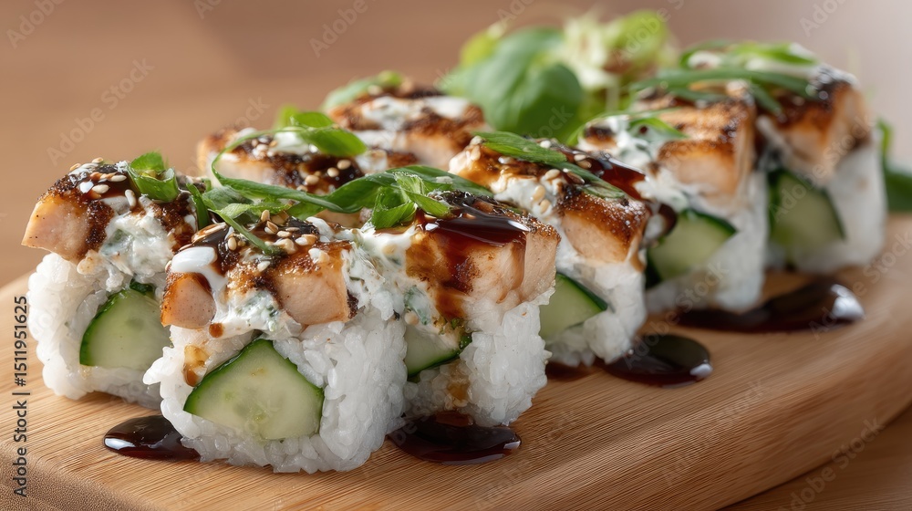 Closeup of sushi rolls featuring salmon and cucumber, beautifully garnished with ginger on a wooden board against a dark background Closeup of sushi rolls featuring salmon and cucumber, beautifully garnished with ginger on a wooden board against a dark background
