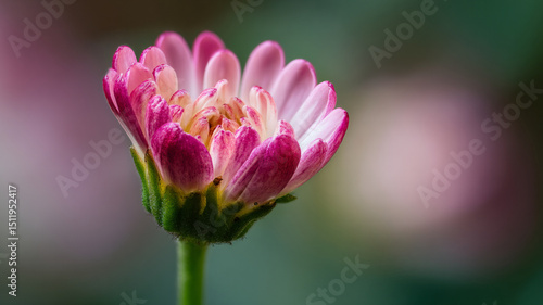 Macro shot of blooming flower with pink petals and green stem, captured with soft focus background. vibrant colors and delicate details create serene and beautiful image