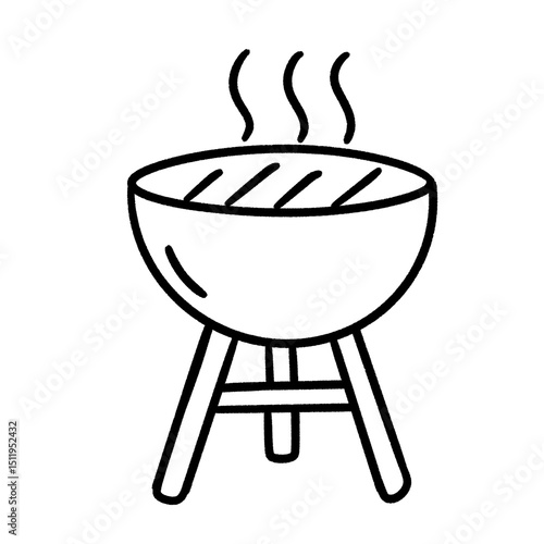 Black and white line art of a steaming barbecue grill, simple and minimal illustration