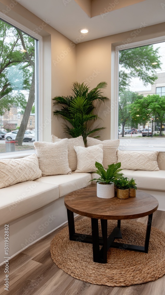 Fototapeta premium This cozy corner nook showcases light wood seating, a round table, and large windows bringing in natural light, accented by plants