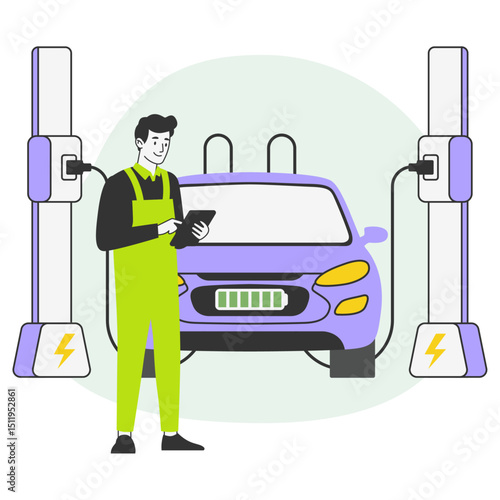 Vector illustration of an electric car charging at a station with trees in the background, representing clean and sustainable mobility.
