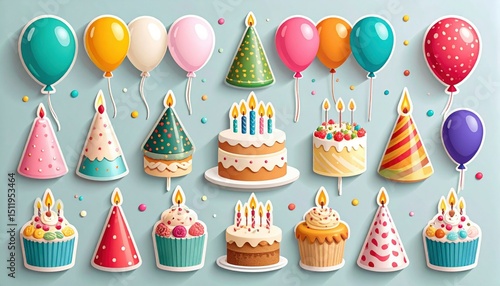 Collection of illustrated birthday party-themed stickers including cake, balloons, candles, hats and confetti, flat design
