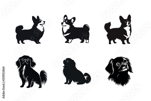 Six black and white dog silhouettes corgis and japanese chins
