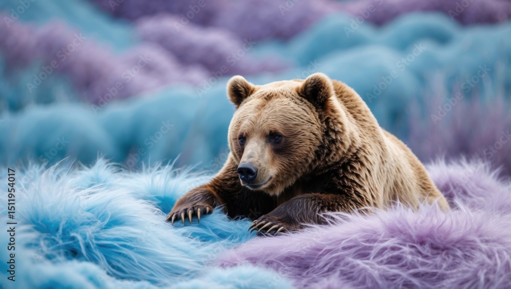 Fototapeta premium A close-up of a brown bear resting among vibrant furry textures in shades of purple and blue, creating a surreal and dreamlike atmosphere