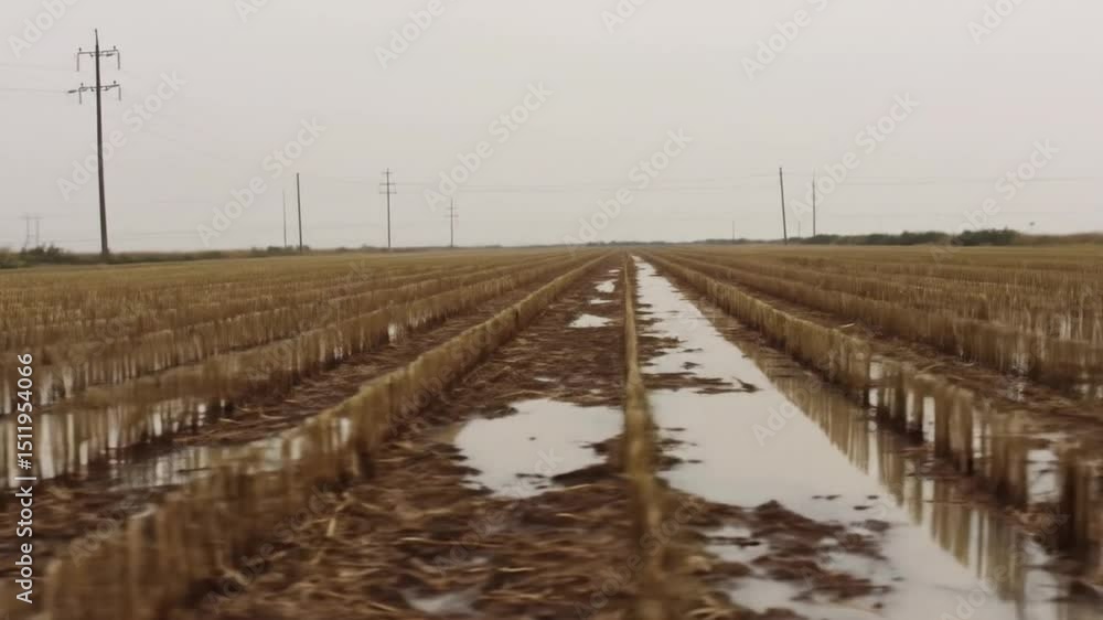 Expansive Harvested Field Landscape Under Overcast Sky. Rural Farmland with Cut Stalks and Muddy Ground. Vast Open Field with Utility Poles. Expansive Harvested Field Landscape Under Overcast Sky. Rural Farmland with Cut Stalks and Muddy Ground. Vast Open Field with Utility Poles.