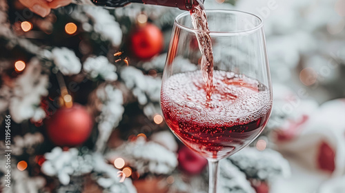 Red wine being poured into a glass with festive Christmas tree and decorations in the background