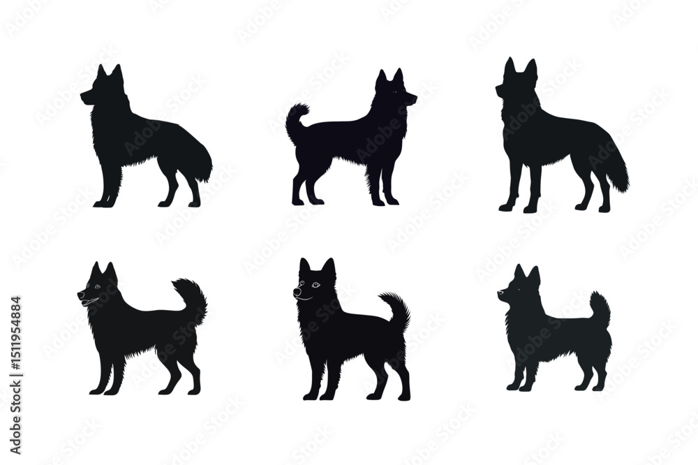 Six black dog silhouettes standing poses Six black dog silhouettes standing poses