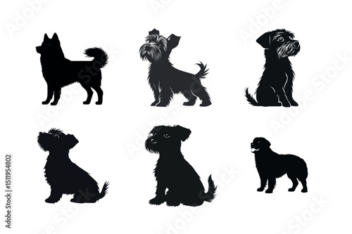 Six dog silhouettes different breeds black and white