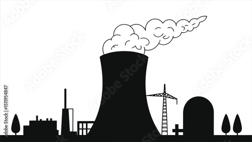 (Nuclear Facilities)Vector Silhouette of a nuclear power plant, showcasing industrial landscape./A simple, black and white silhouette of a nuclear power plant.