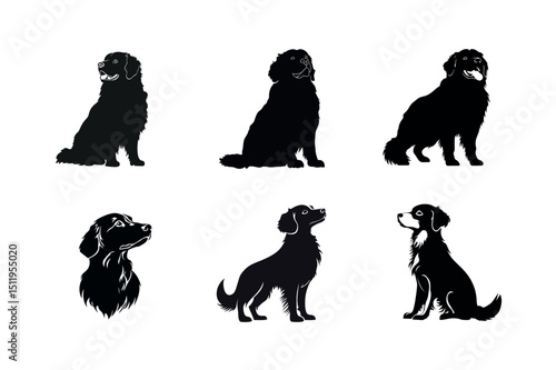 Six black silhouettes of dogs sitting and looking up