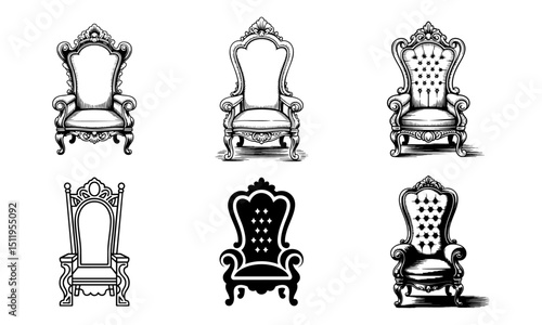 set of throne , ornate royal chair vector illustrations, monarchy and power symbolism
