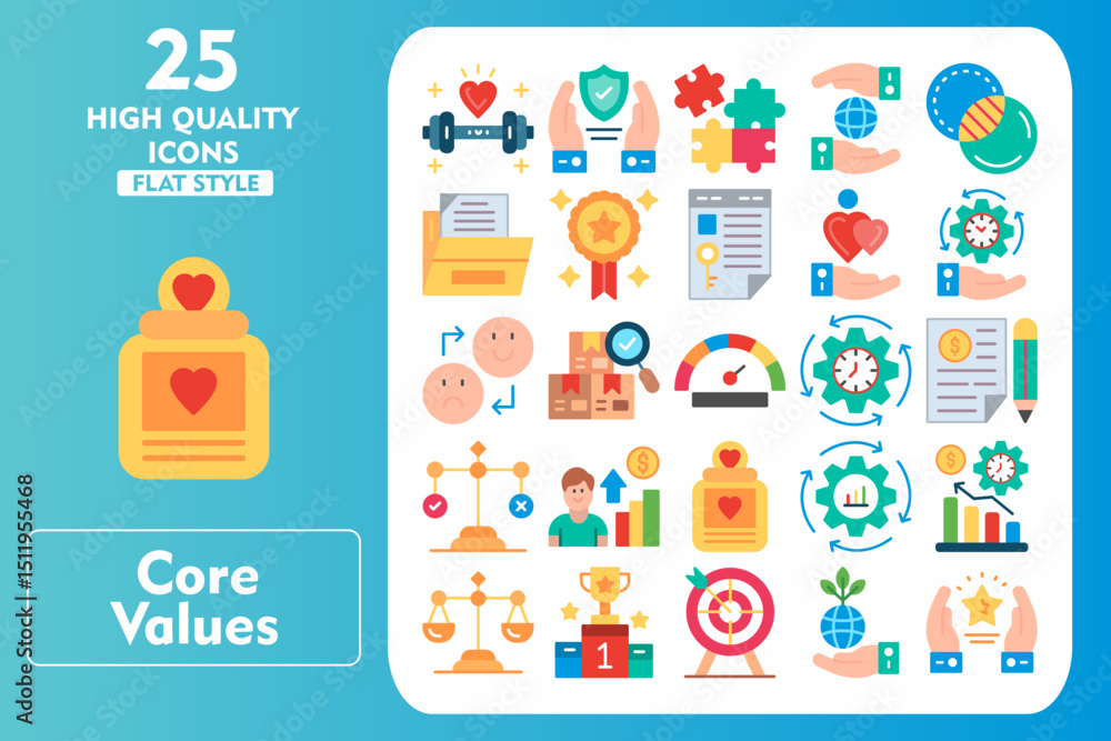 Core values Flat Icon Set. Incleded Icons Fitness, Quality Control, Optimism, Efficiency, Justice Scale, Competition, Target, Environment. Vector Icons Collection Core values Flat Icon Set. Incleded Icons Fitness, Quality Control, Optimism, Efficiency, Justice Scale, Competition, Target, Environment. Vector Icons Collection