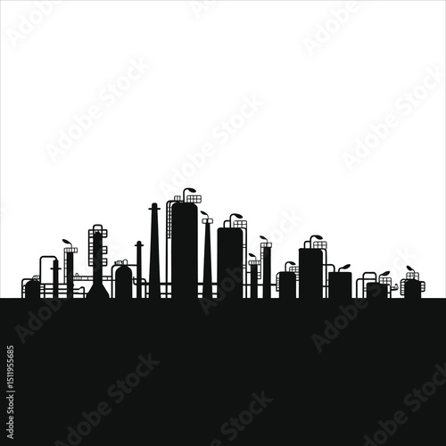 Vector Silhouette of an Industrial Chemical Plant/Clean line art silhouette of an industrial chemical plant.