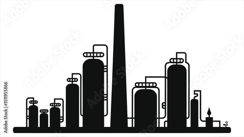 (Oil Refineries)Vector Silhouette of an Industrial Chemical Plant/A clean, minimalist silhouette of an industrial chemical plant.