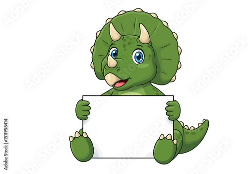 Cartoon Triceratops Holding a Blank Sign with a Cheerful Expression