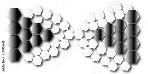  A striking abstract design featuring two horizontal bands of gradient hexagons, transitioning from black to white. These bands appear to merge and separate in the center, creating a dynamic, bow-tie 