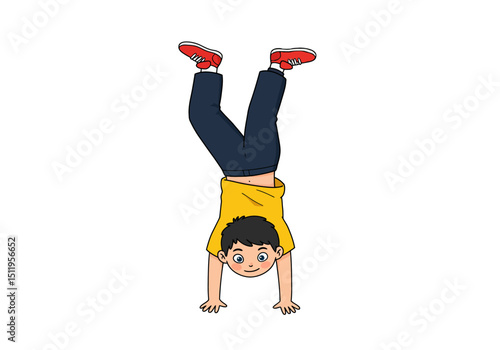 Cartoon Boy Doing a Handstand Wearing Red Shoes