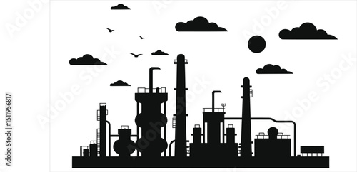 (Oil Refineries)Vector Silhouette of an Industrial Plant with Clouds/A silhouette of an industrial plant, featuring various structures like towers, tanks, and pipes, is set against a white  background