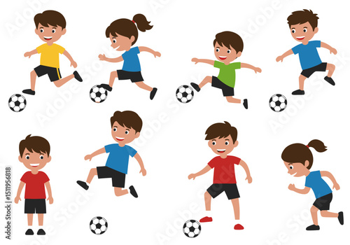 Cartoon Children Playing Soccer with Various Colored Shirts and Black Shorts