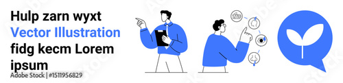 Two individuals interact while analyzing growth-related ideas, represented by icons and visuals. Ideal for teamwork, innovation, sustainability, creativity, decision-making, brainstorming, simple