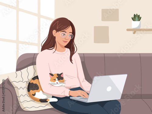 girl with laptop sitting on the couch, cat right next to her, flat vector illustration 