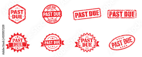 set of red past due grunge stamp vector illustrations, overdue payment notices and financial alerts
