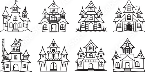 set of spooky haunted house line art, black outline, vector and illustration, coloring book page line art drawing