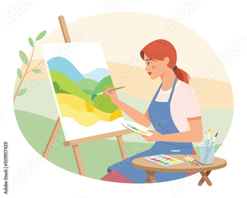 a young women paint using easel, canvas, brushes and watercolor,  flat vector illustration