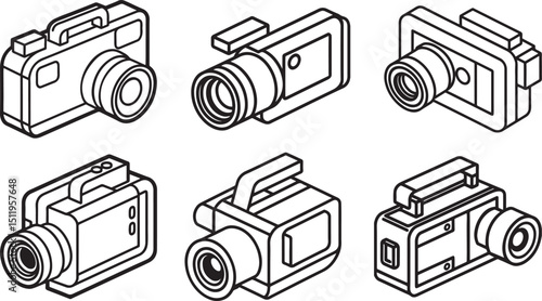 set of camcorder camera line art, black outline, vector and illustration, coloring book page line art drawing