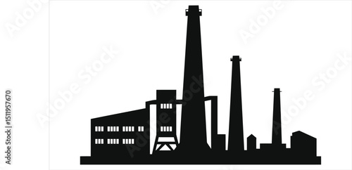 (Steel Mills)Vector silhouette of an industrial complex/A straightforward black silhouette of an industrial complex, featuring multiple buildings, smokestacks, and other structures.