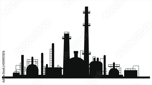 (Chemical Plants)Industrial plant vector silhouette against a light background/Simple silhouette of an industrial plant, likely a chemical or oil refinery, set against white background.