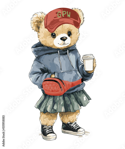Teddy Bear With Coffee Cup Vector Illustration on White Background.