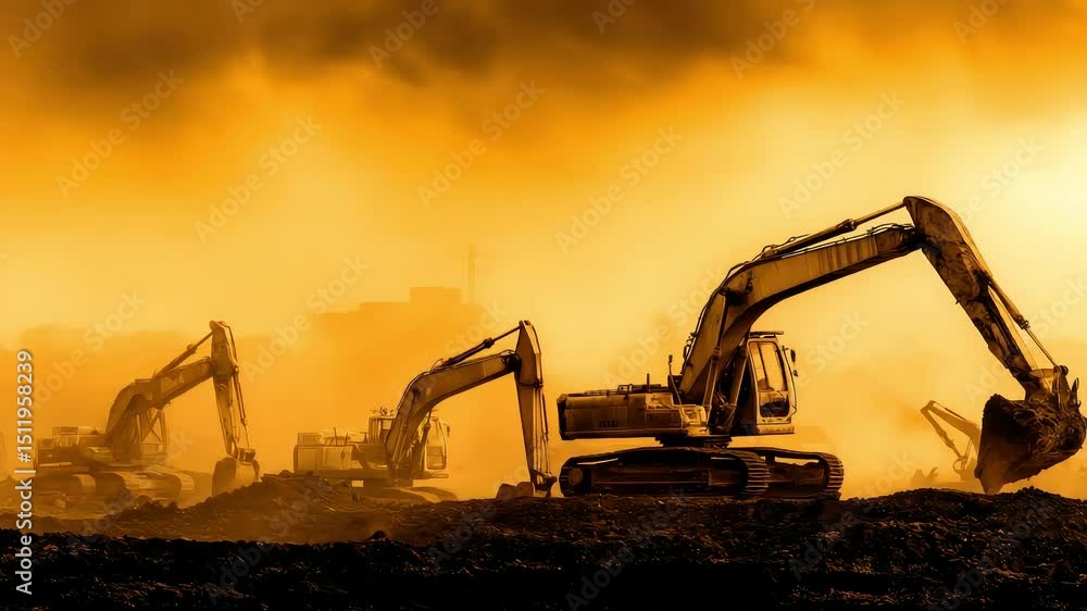 Excavators and Heavy Machinery at Construction Site During Sunset Excavators and Heavy Machinery at Construction Site During Sunset