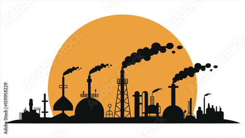 (Chemical Plants)Vector Silhouette of an industrial complex at sunset/A simple, silhouette illustration of an industrial complex.