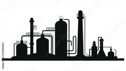 (Chemical Plants) Vector Silhouette of an Industrial Chemical Plant/A clean, simple silhouette of an industrial chemical plant, featuring various tanks, pipes, and structures.