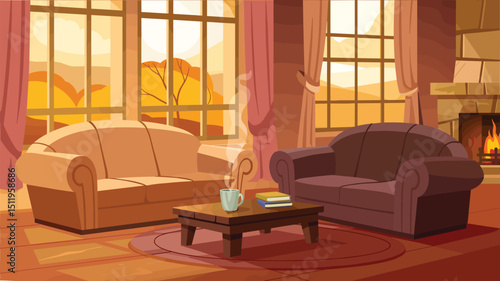 cozy living room interior with a fireplace and two sofa, window autumn view, flat vector illustration 
