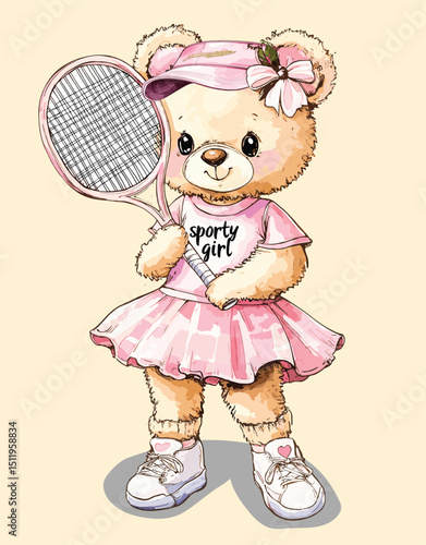 Teddy Bear Tennis Player, Sporty Girl Vector Illustration.