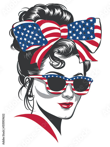 Patriotic Woman with Bow and Sunglasses in Red, White, and Blue