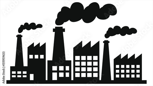( Factory Buildings)Simple black vector silhouette of an industrial complex with smoke stacks./A black silhouette of a factory complex, showing multiple buildings and smoke stacks emitting dark plumes